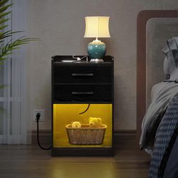 New Nightstand with Built-in Multiple Charging Stations and 20 Color RGB LED Lights End Side Table with 2 Drawers Large Open Compartment