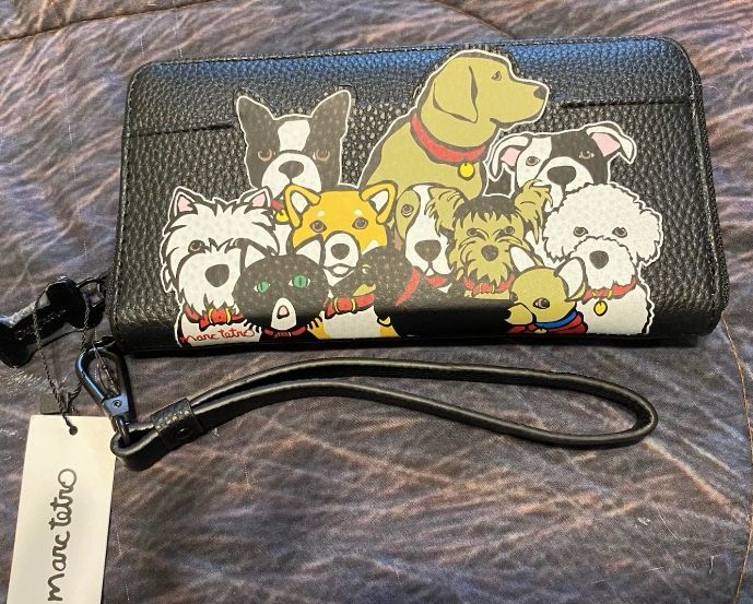 Marc Tetro Large Black Zip Around Group Of Dogs Wallet NWT!