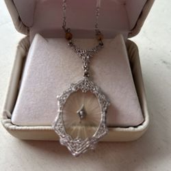 Vintage Antique 14k Gold Camphor Glass Diamond Necklace 