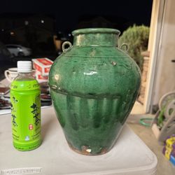 Large Vintage Chinese Green Glazed Pottery Jar – Rustic Floor Vase with Handles