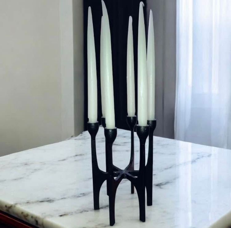Brutalist style black cast iron candelabra tapered 6 candlestick holder holiday table decor