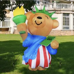 Brand New 6 ft Tall Patriotic Independence Day Inflatable American Bear with Torch and USA Book Blowup Inflatables with Build-in LED Lights for Party 
