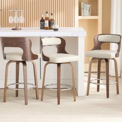 Three 26-inch rotating bar stools of Counter height, modern leather island chairs Mid- century synthetic with backrest and footrest