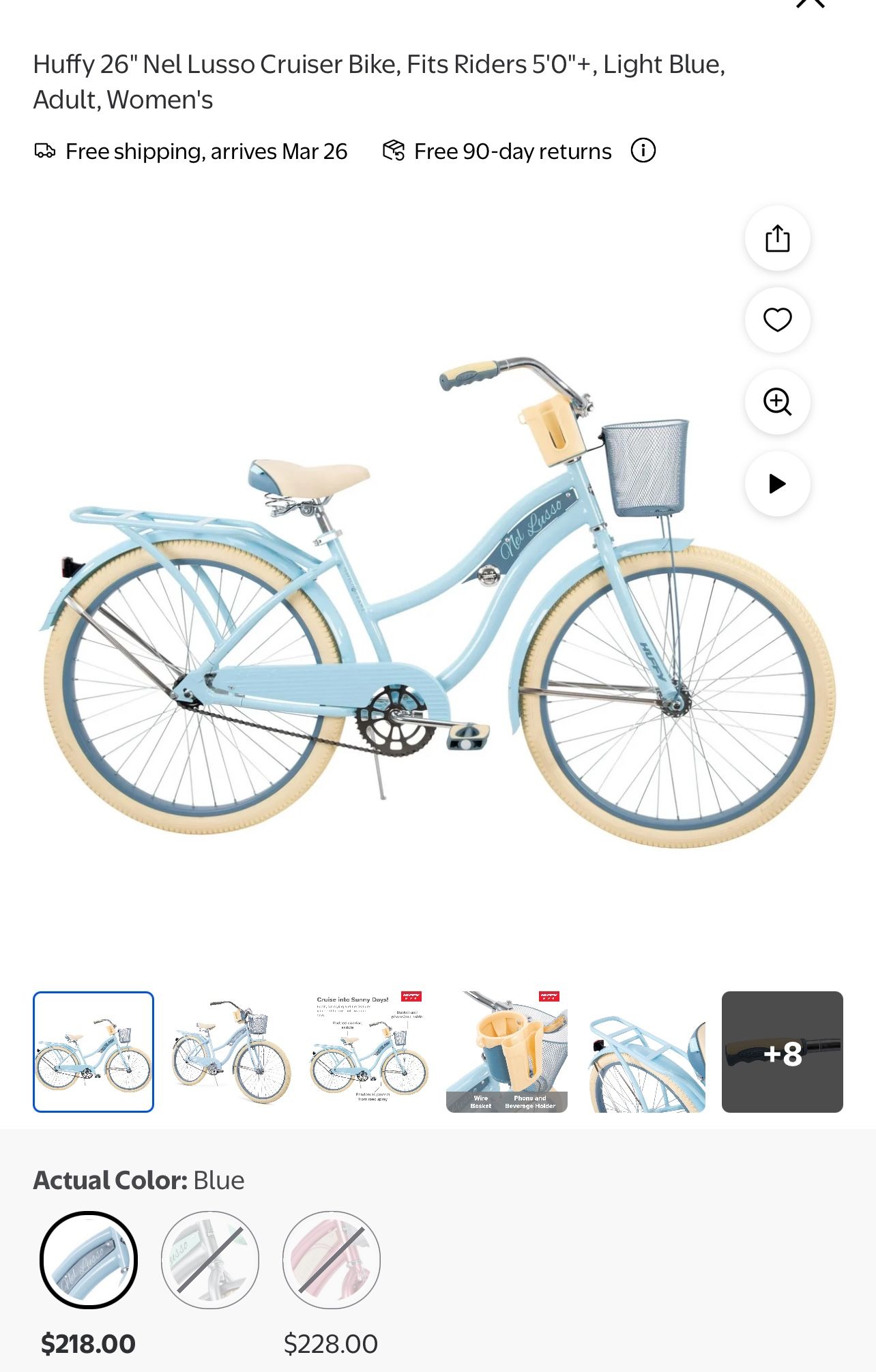 Brand new Huffy 26" Nel Lusso Cruiser Bike, Fits Riders 5'0"+, Light Blue, Adult, Women's