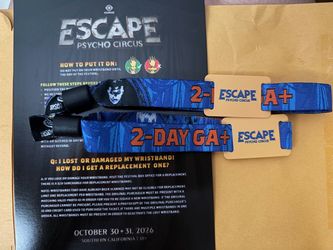 Escape Psycho Circus wristbands + parking ticket.