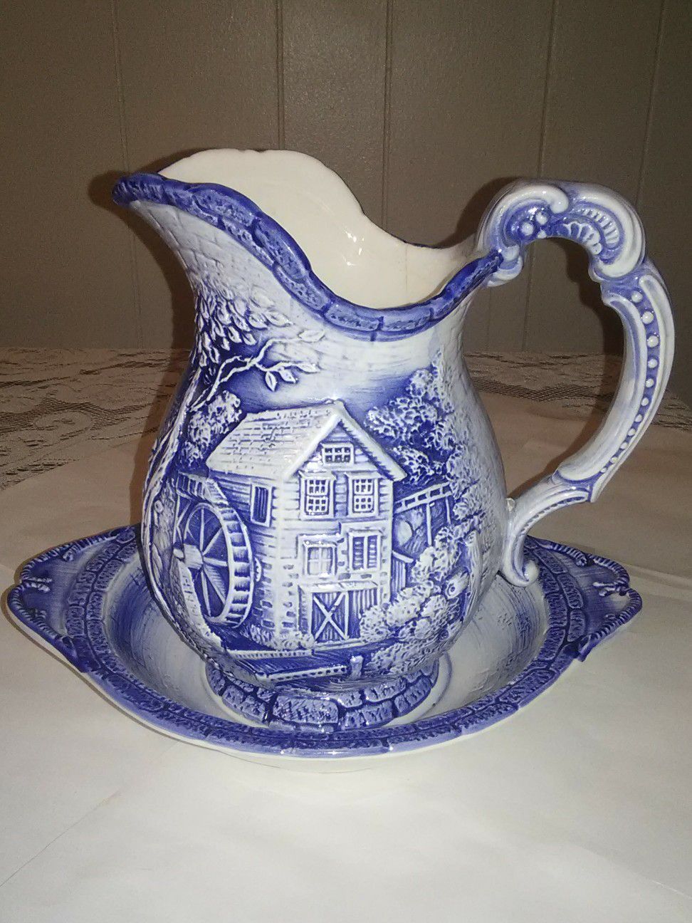Antique Ceramic Japanese blue and white water pitcher and basin