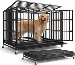 Heavy-Duty Foldable Dog Crate, 5-Minute Quick Setup, Double Doors 48" Dog Cage with Locking Wheels, Escape-Proof Fixed Bottom, Removable Tray, Easy-Cl