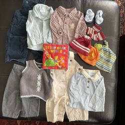7pc Baby Boy 3-6mo Clothes, 3 Hats, 1 Baby Shoes & Socks, 1 Book