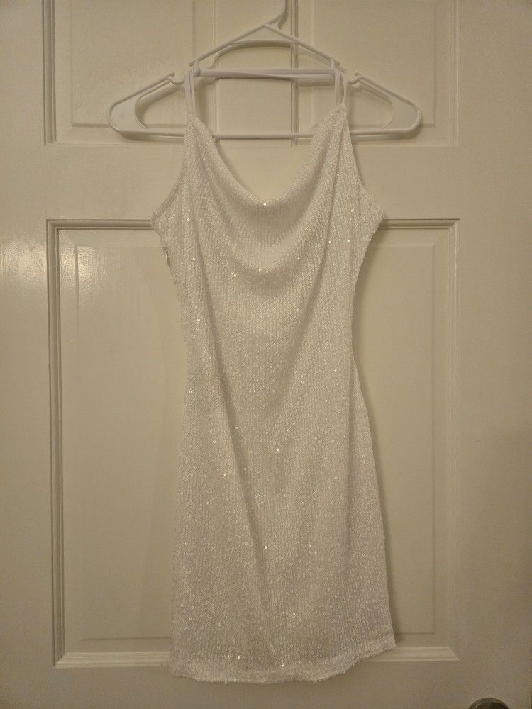 New Women's Size Small White Iridescent Sequin Strappy Mini Dress w/ Side Zip, has flaw on back. One string of sequins when it was made was left with