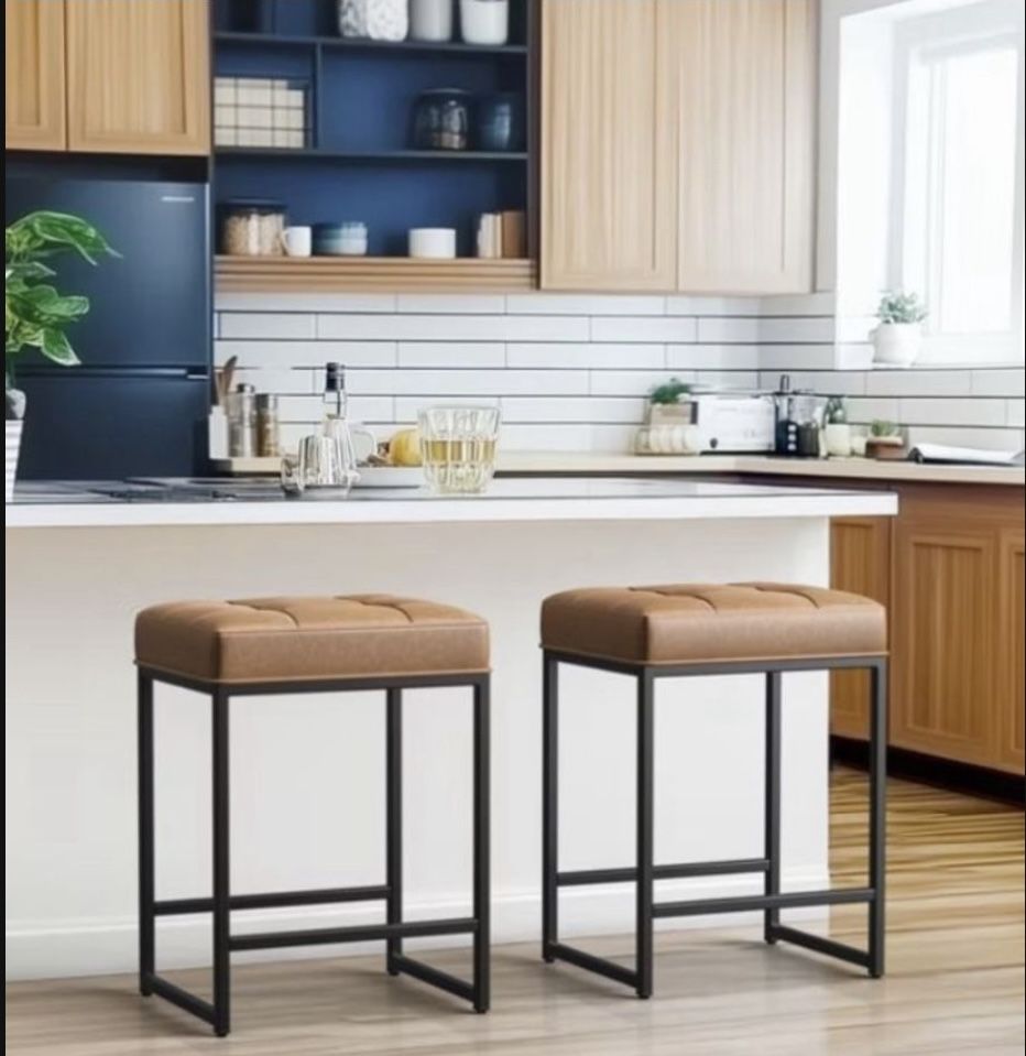 24" Leather Bar Stools Set of 2,Kitchen Counter Height Bar Chairs Stools, for Kitchen Island, Dining Room, Brown