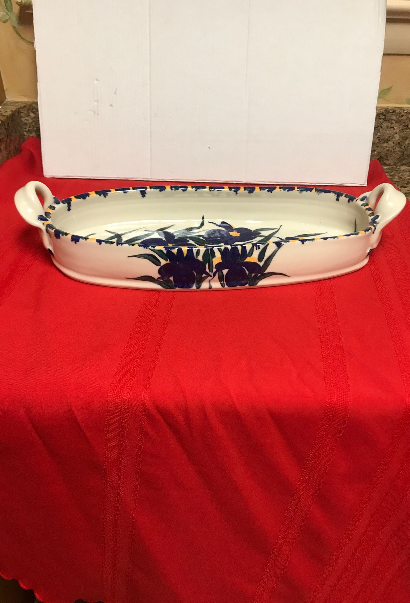 Stoneware oblong dish hand painted 20” long