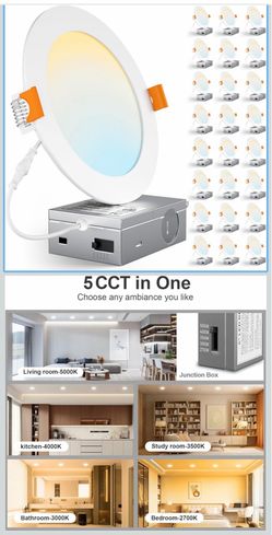 24 Pack 6 Inch 5CCT Ultra-Thin LED Recessed Ceiling Light with Junction Box, 2700K-5000K, 1050LM High Brightness, Dimmable Canless Wafer Downlight, 12
