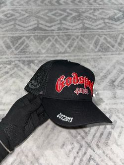 Godspeed black trucker cap with red embroidered