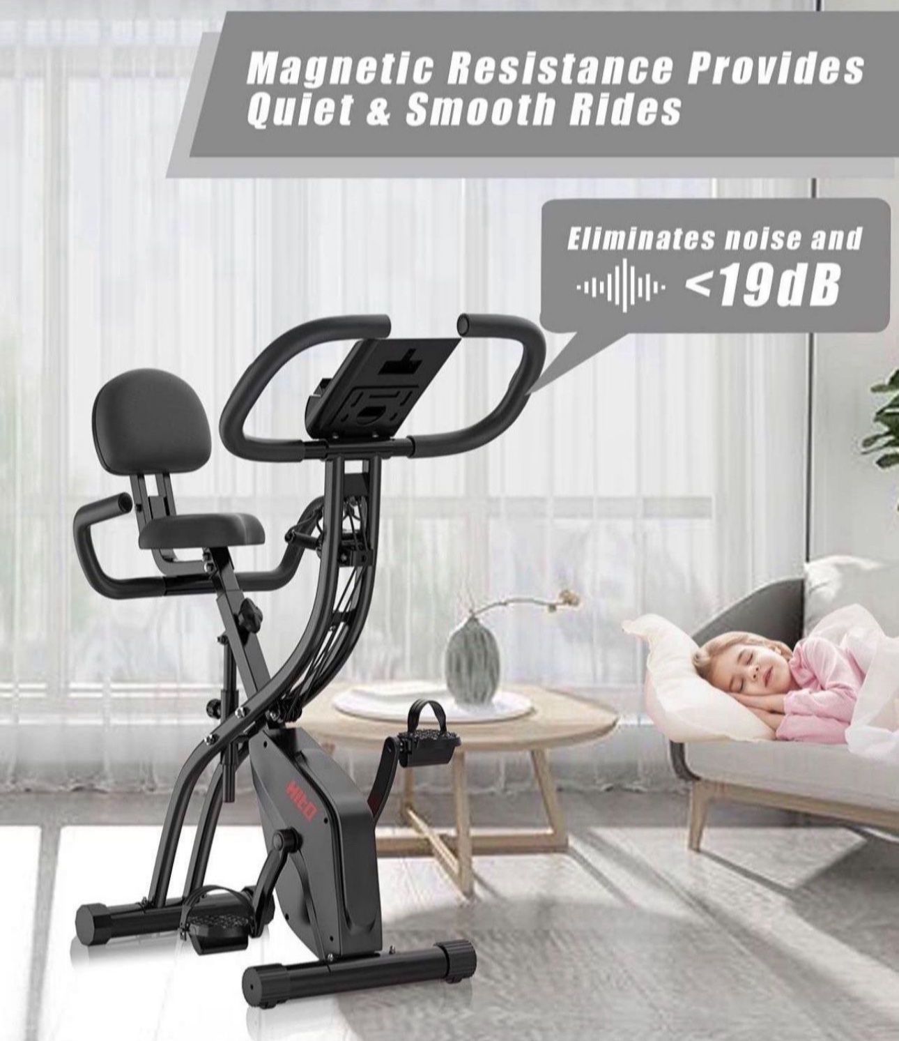 Folding Exercise Bike with Arm Resistance Bands, Magnetic Upright Indoor Cycling Bike Stationary for Home Gym & Cardio Workout