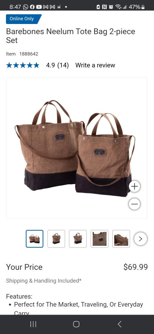 New Barebones Neelum Tote Bag 2-piece Set. Sells at Costco for $70 plus tax.