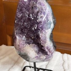 New, Brazilian Purple Amethyst Geode on a Metal Stand