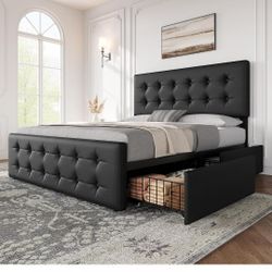GAOMON Full Size Bed Frame with 4 Storage Drawers and Headboard, Faux Leather Upholstered Platform Bed Frame with Wooden Slats Support, Button Tufted 