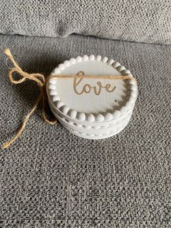 White Beaded Wood Coaster Set with Love Engraving