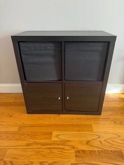 Black Wooden Shelving / Cabinet with 2 Fabric Bins