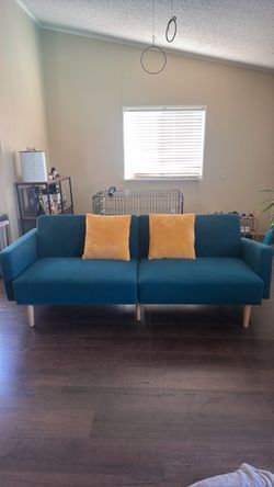 Teal Convertible Sleeper Sofa + Pillows