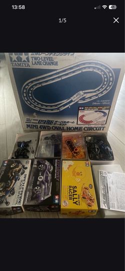 Tamiya Mini 4WD Complete Set: 2-Level Oval Track + 6 Cars (3 New Sealed) + Tons of Upgrade Parts