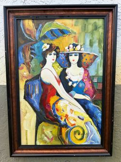 Large Contemporary Impasto Oil Painting Framed Canvas Elegant Women Art