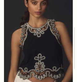 Anthropologie Black Sleeveless Crop Top with Lace Trim