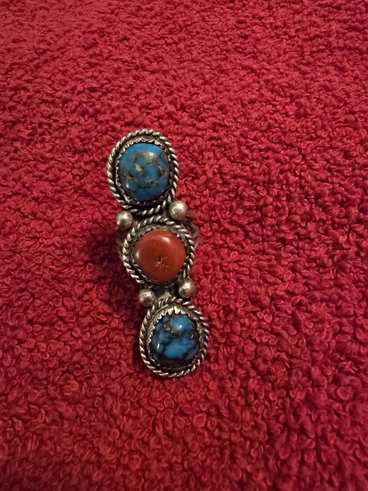 Vintage Navajo Turquoise Coral Ring 6