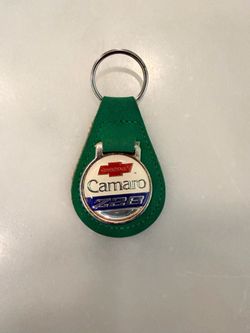 Vintage Chevrolet Camaro Z28 Keychain Green Leather Chevy Bowtie Key Fob