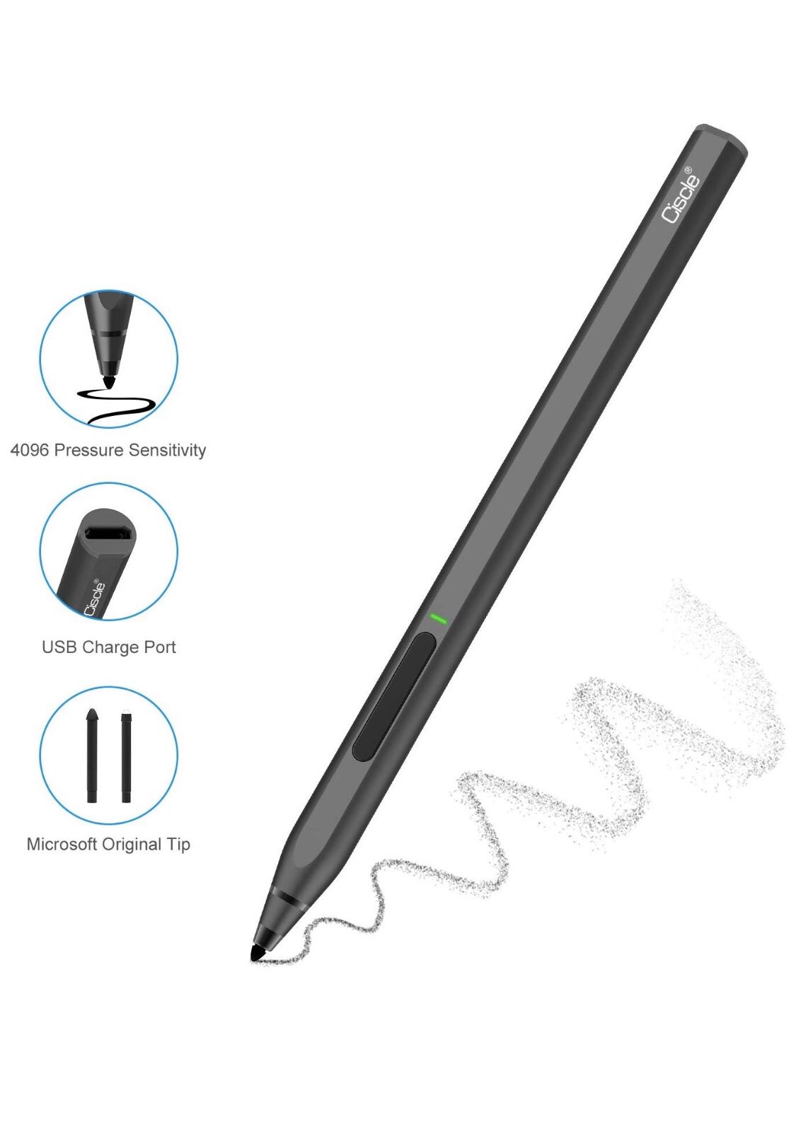 Surface Pen, Ciscle Rechargeable Surface Pro Pen with Max 4096 Levels of Pressure Sensitivity, Right Click and Erase Buttons for Microsoft Surface Pr