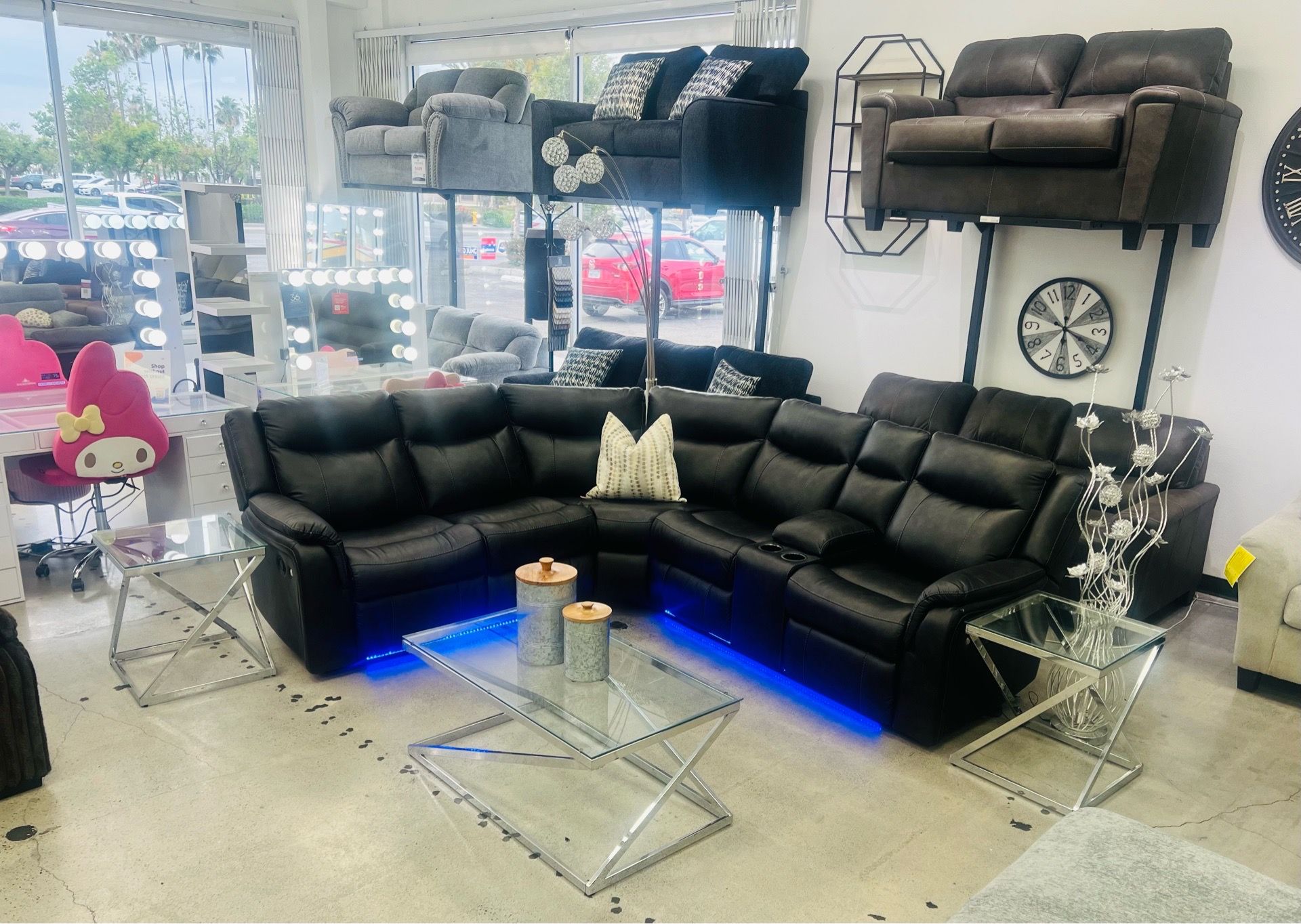 MANUAL RECLINING FAUX LEATHER SOFA SET 2 PC W SWITCHING COLOR LED RED,BLUE OR WHITE)