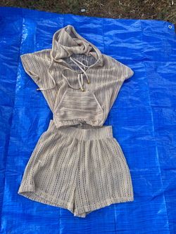 Knit Crochet Hoodie Top and Shorts Set Size Small