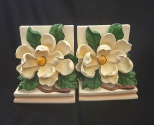 Vintage CBK 1995 White Magnolia Flower Resin Bookends
