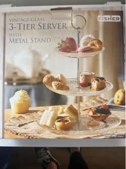 Vintage glass three tier server with metal stand