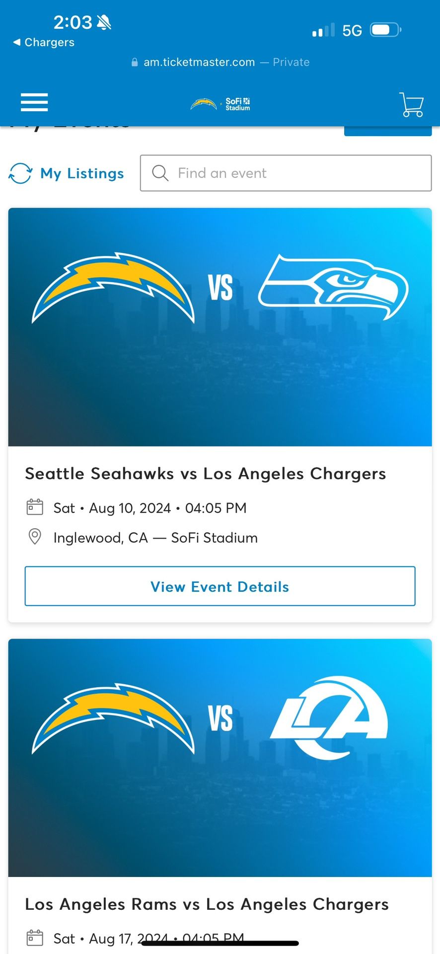 LA Chargers HOME game Tickets! Season Tickets + SSL For Sale!
