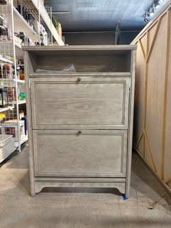 Narrow 2 Tier Shoe Cabinet Organizer w/Flip Drawers and Shelf– Light Oak Finish