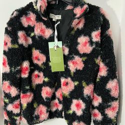 Sandy Liang Sherpa Womens Size XXS Black Floral Print High Neck Full Zip Jacket
