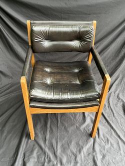 Vintage Mid-Century Modern Wood & Black Vinyl Armchair