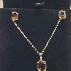 1.80 Smoky Quartz Sterling Silver Pendant 18" Chain & Earrings