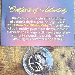 24KT Rose Gold Plated 1943 Wheat Back Penny 