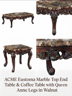 ACME Eustoma Marble Top Coffee Table & End Table with Queen Anne Legs in Walnut