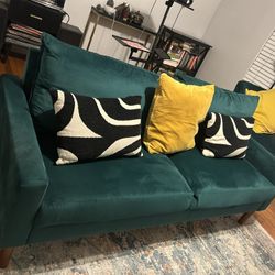 Emerald Green Velvet Sofa + Accent Chair Set w/ Pillows