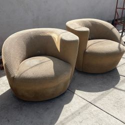 Vladimir Kagan Mid Century Modern Tan Corduroy Swivel Lounge Chairs 