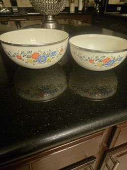 Vintage Kobe Kitchen Japan Floral Enamel Metal Bowls"