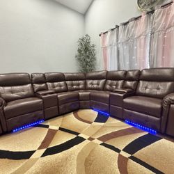 6 Pieces Leather Power Reclining Sofa with Massager,  lights, USB ports, storage & Cup holders