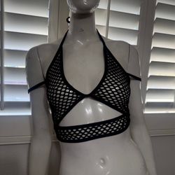 New large black fishnet mesh iHR crop top shirt festival rave concert gothic