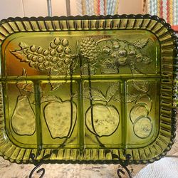Vintage Indiana Glass, Avocado Green, 5-Part Divided Relish/Serving Tray