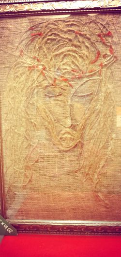 Christ picture in burlap cloth with jute thread in 20×30 frame.Created by me ,just now.