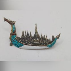 Sterling Silver Enamel SIAM Royal Dragon Ship Pin Brooch 