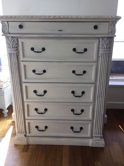 Distressed Cream 6-Drawer Tall Dresser / Chest — $200